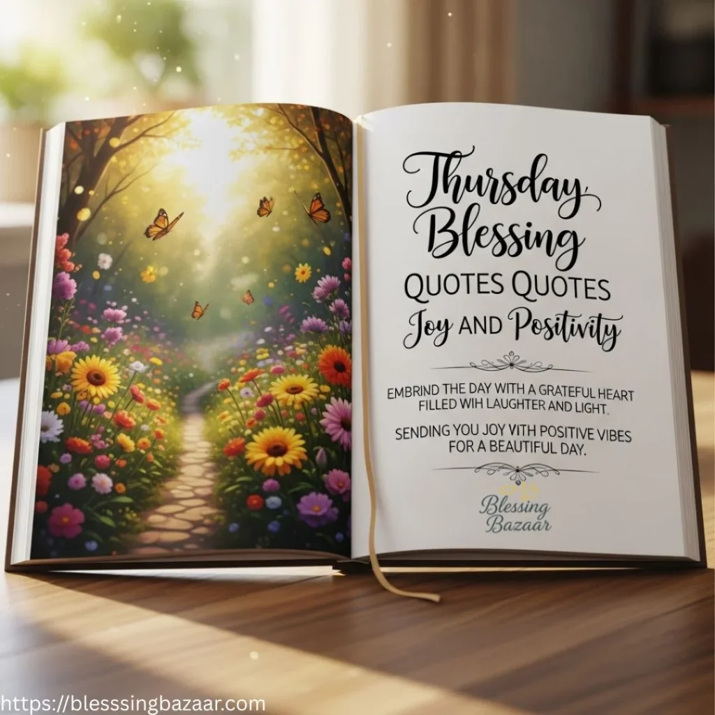 A vibrant graphic featuring multiple quotes about Thursday blessings, promoting a message of hope and appreciation
