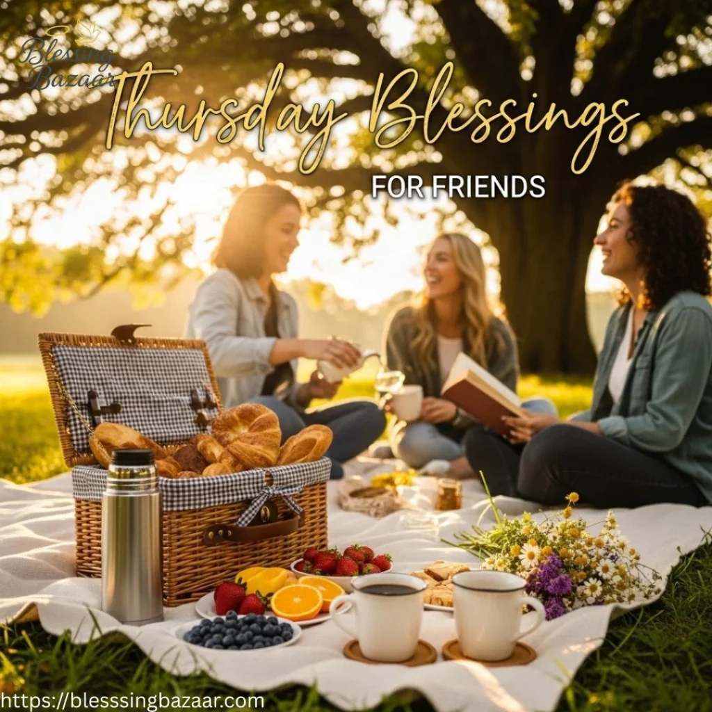 An inspirational image displaying "Thursday Blessings for Friends" surrounded by vibrant flowers and a cheerful background.