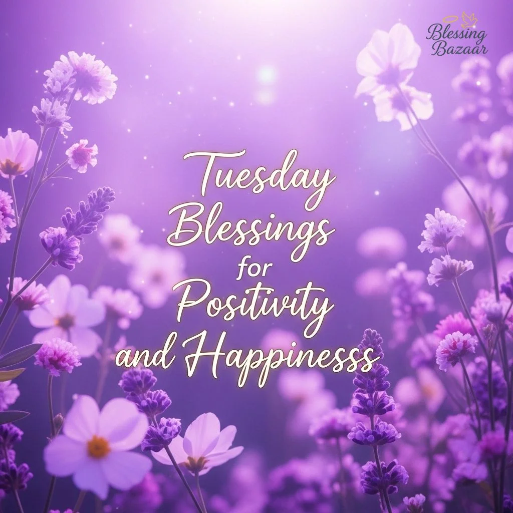 nspirational graphic featuring the text "Tuesday Blessings" promoting positivity and happiness for the week ahead.