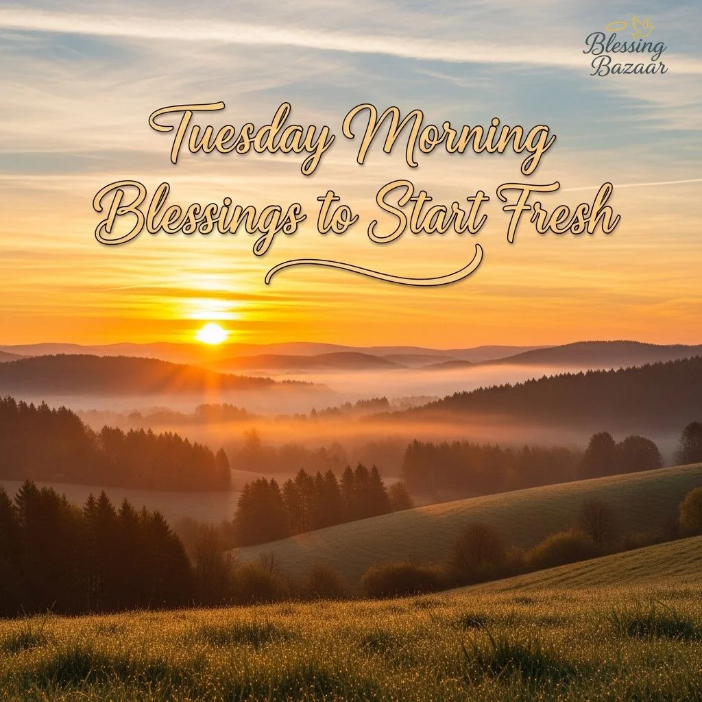 A peaceful sunrise over a calm landscape, representing the hope and blessings of a fresh start on Tuesday morning.