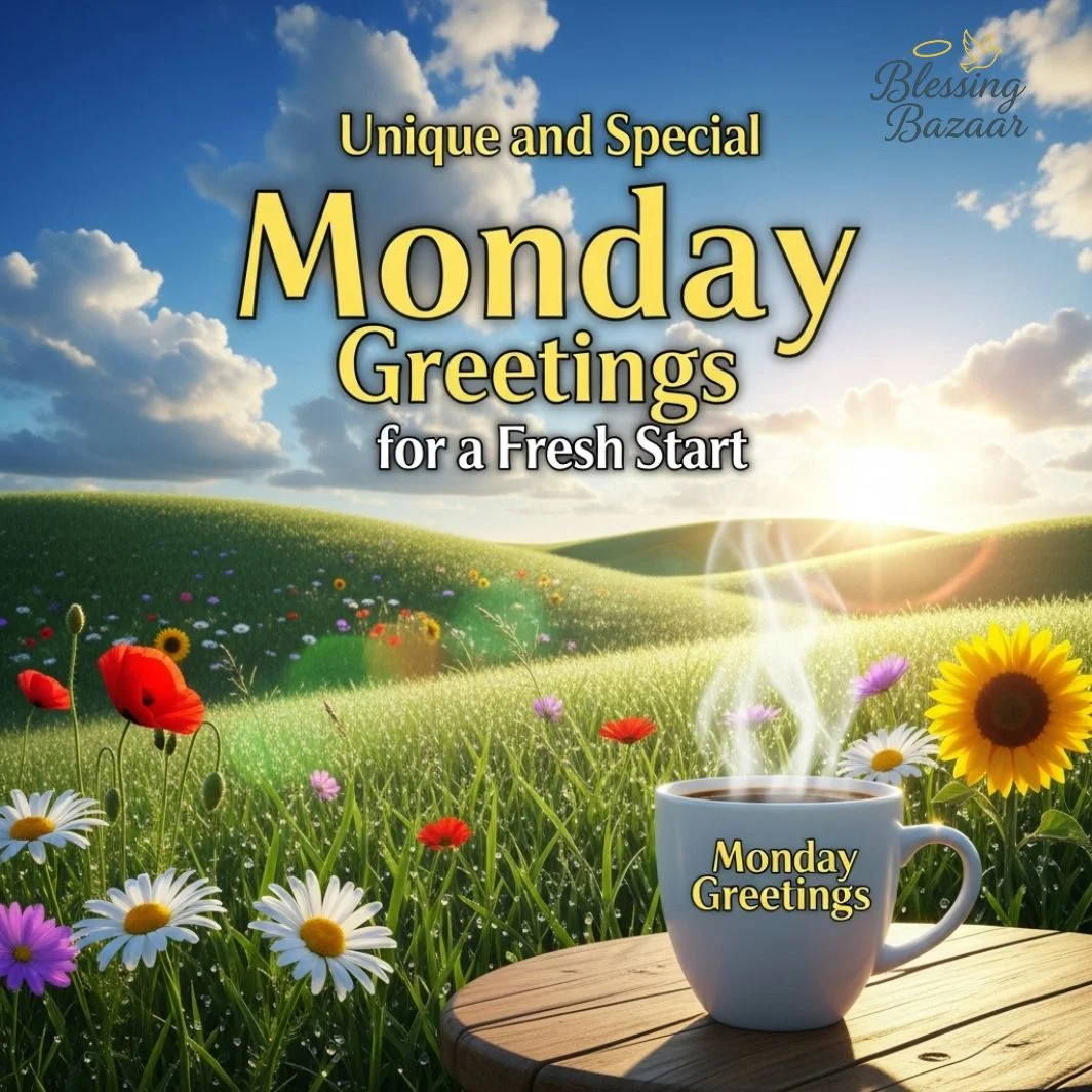 An inspiring image with the text "Monday Greetings" over a vibrant landscape, representing new beginnings and fresh starts.