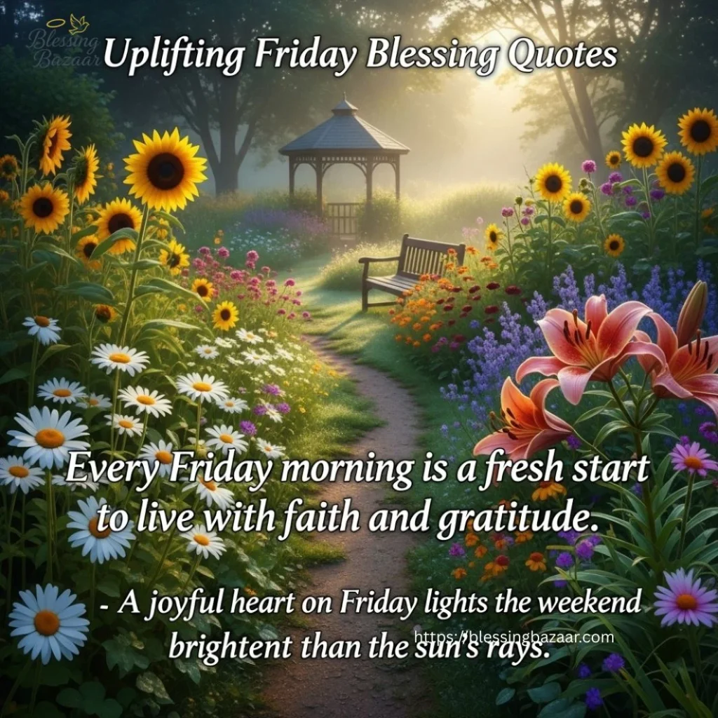 A picturesque Friday morning blessings with gentle sunlight and nature, evoking feelings of peace and gratitude.
