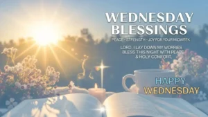 The phrase "Wednesday Blessings" artistically displayed with a peaceful background, evoking a sense of tranquility and positivity.