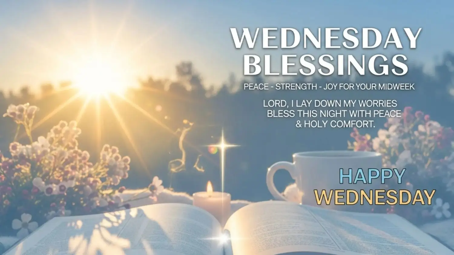 The phrase "Wednesday Blessings" artistically displayed with a peaceful background, evoking a sense of tranquility and positivity.